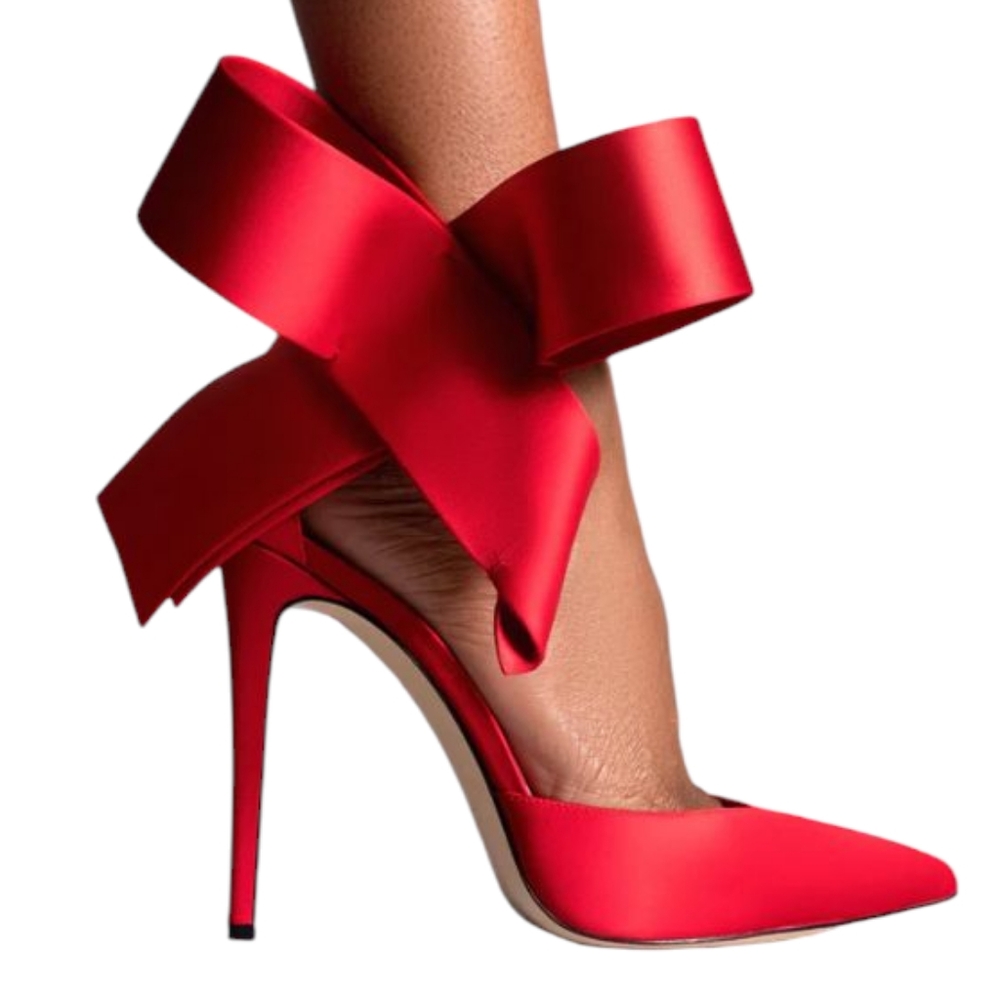 Red Satin Bow Stiletto Heels - Women's Pointed Toe Pumps